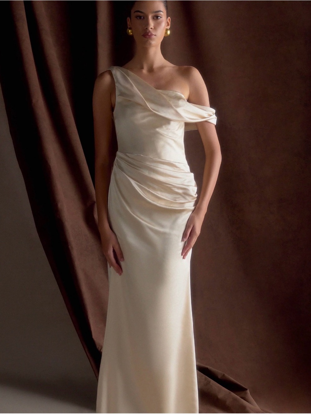 One-Shoulder Champagne Satin Draped Evening Gown